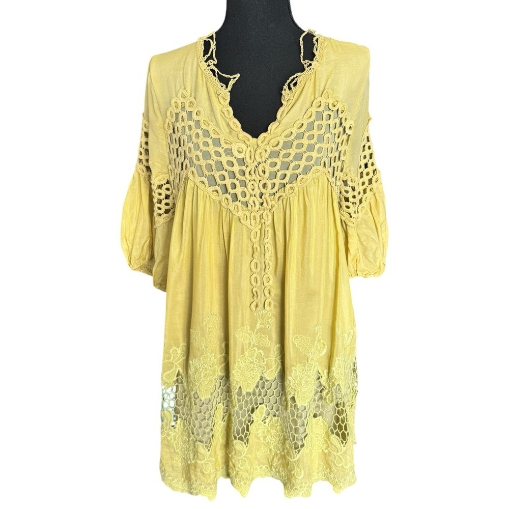 Mono Reno Boho Crochet Lace Dress Medium Yellow Cottagecore Festival Y55